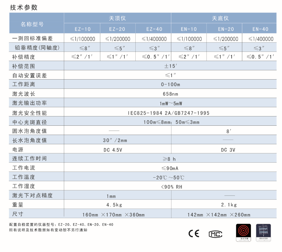 EZ-10、EZ-20、EZ-40激光自動(dòng)安平天頂儀/上垂準(zhǔn)儀技術(shù)參數(shù)